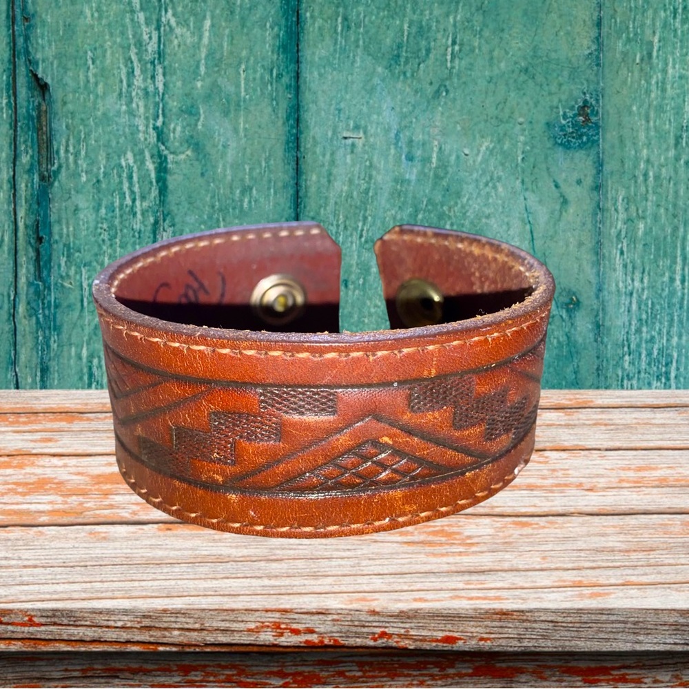 Genuine Leather cuff bracelet with southwest design,brass snaps 8” and 1.5”wide
